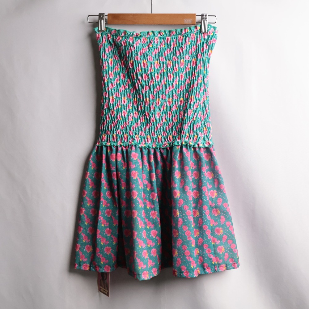 NWT Strawberry Milk Mob Teal Pink Floral Strapless Mini Dress Swim Cover M